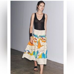 Zara ZW Collection Printed Pleated Midi Cotton Skirt Abstract Print M NWT